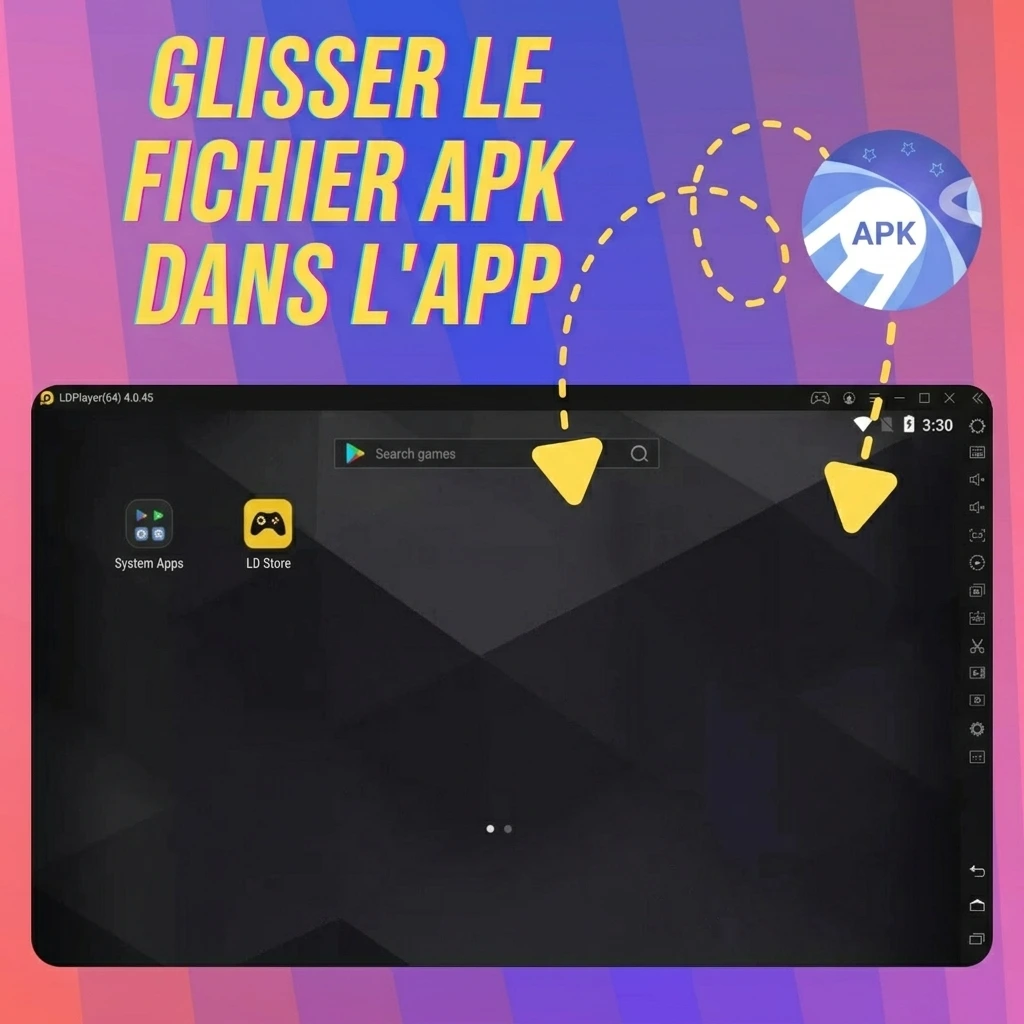 Illustration montrant le glisser-déposer de l'APK dans LDPlayer
